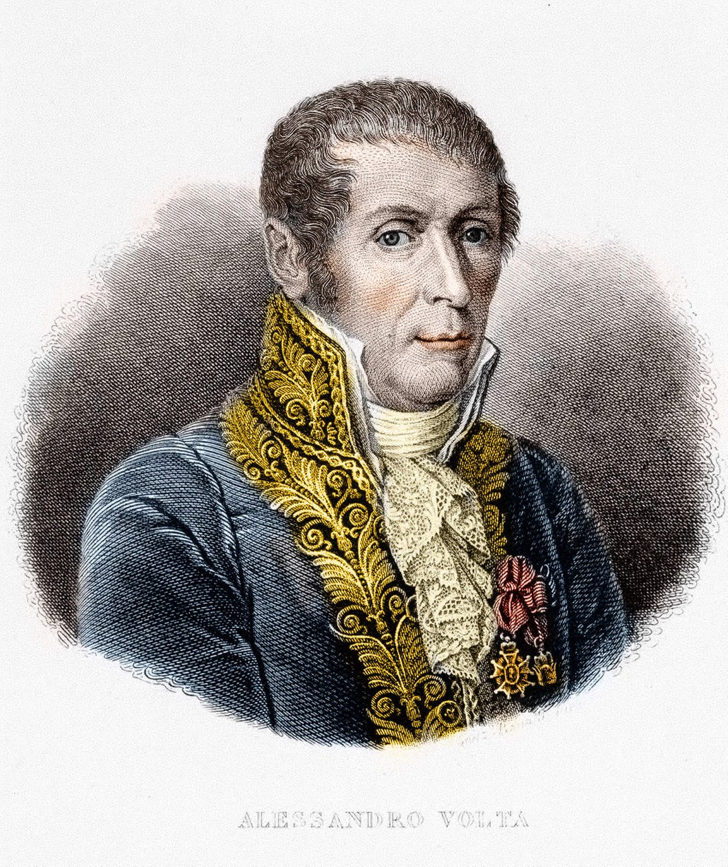 Porträtt av Alessandro (Alexandre) Volta (1745 - 1827). Italiensk fysiker, uppfinnare av det elektriska batteriet. 1800-talsgravyr av Unknown artist