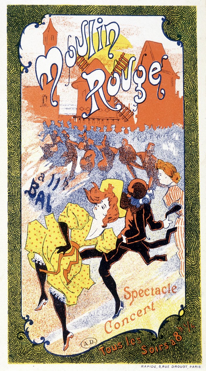 Affisch som tillkännager ""konserterna"" som äger rum varje kväll i Moulin Rouge, Paris av Unknown artist