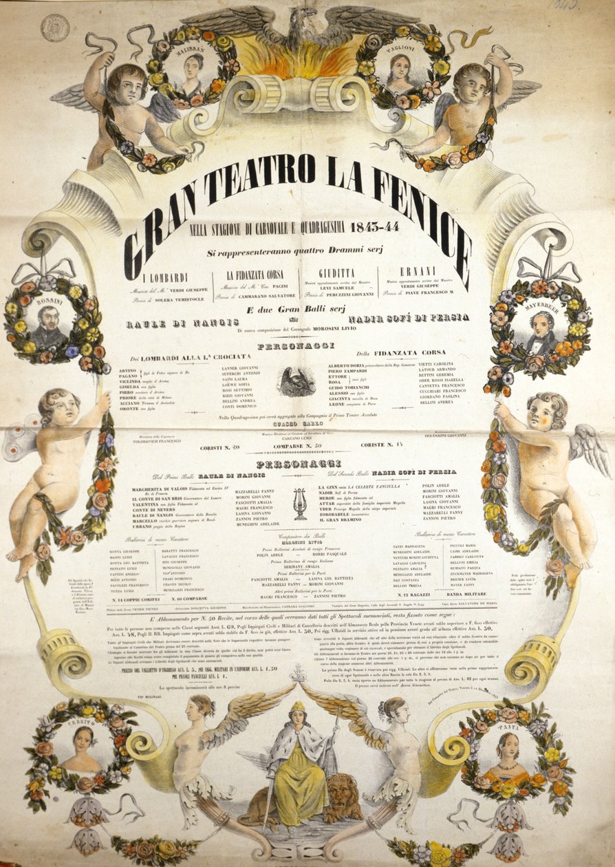 Affisch för framförandet av operan "" Aida" av den italienske kompositören Giuseppe Verdi (1813-1901) för föreställningen på teatern La Fenice i Venedig 1843-1844. av Unknown artist