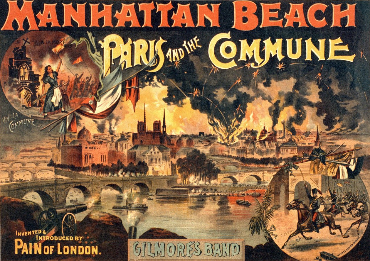 Affisch för showen "Paris et la Commune" på Manhattan Beach av Gilmores Band, sd. omkring 1891. av Unknown artist