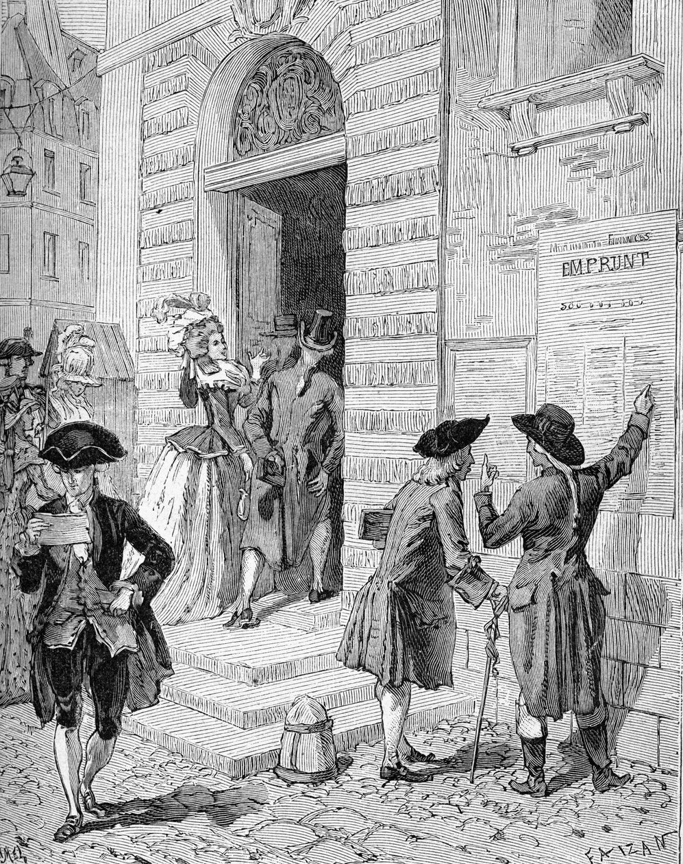 Affisch satt på plats av ministern och generaldirektören för finans Charles Alexandre (Charles-Alexandre) de Calonne (1734-1802) och uppmuntrade till ett lån. Gravyr av 1800-talet. I "Histoire de France" av Jules Michelet av Unknown artist