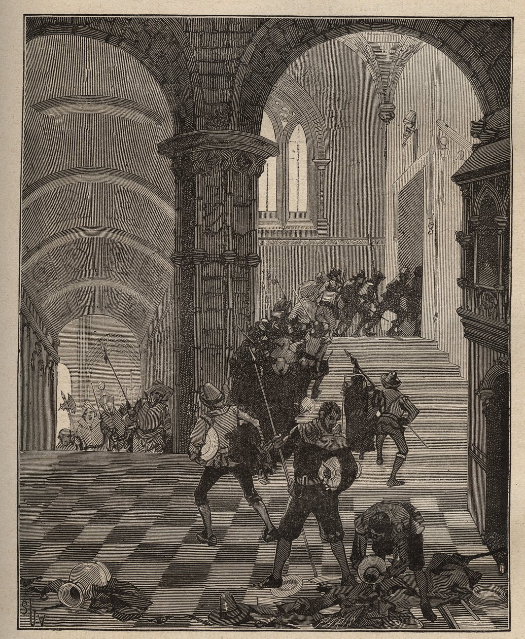 Keramik: förstörelse av "Henri II"-fabriken under plundringen av slottet Oiron (Deux Sevres) 1568 under ligan. Gravyr från 1885 i "" Les arts et metiers illustres"" av Adolphe BITARD. av Unknown artist