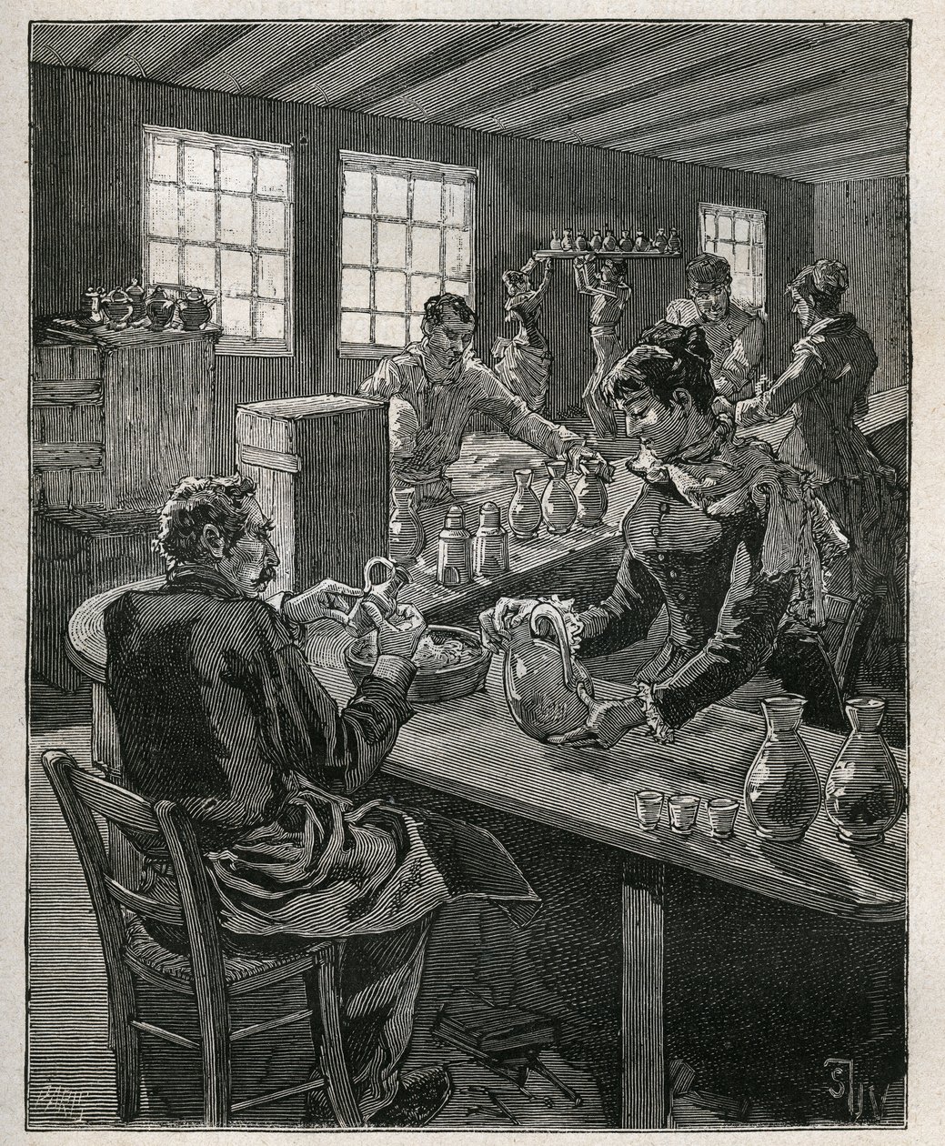 Keramik: fyllning av keramik. Gravyr från 1885 i "" Les arts et metiers illustres"" av Adolphe BITARD. av Unknown artist