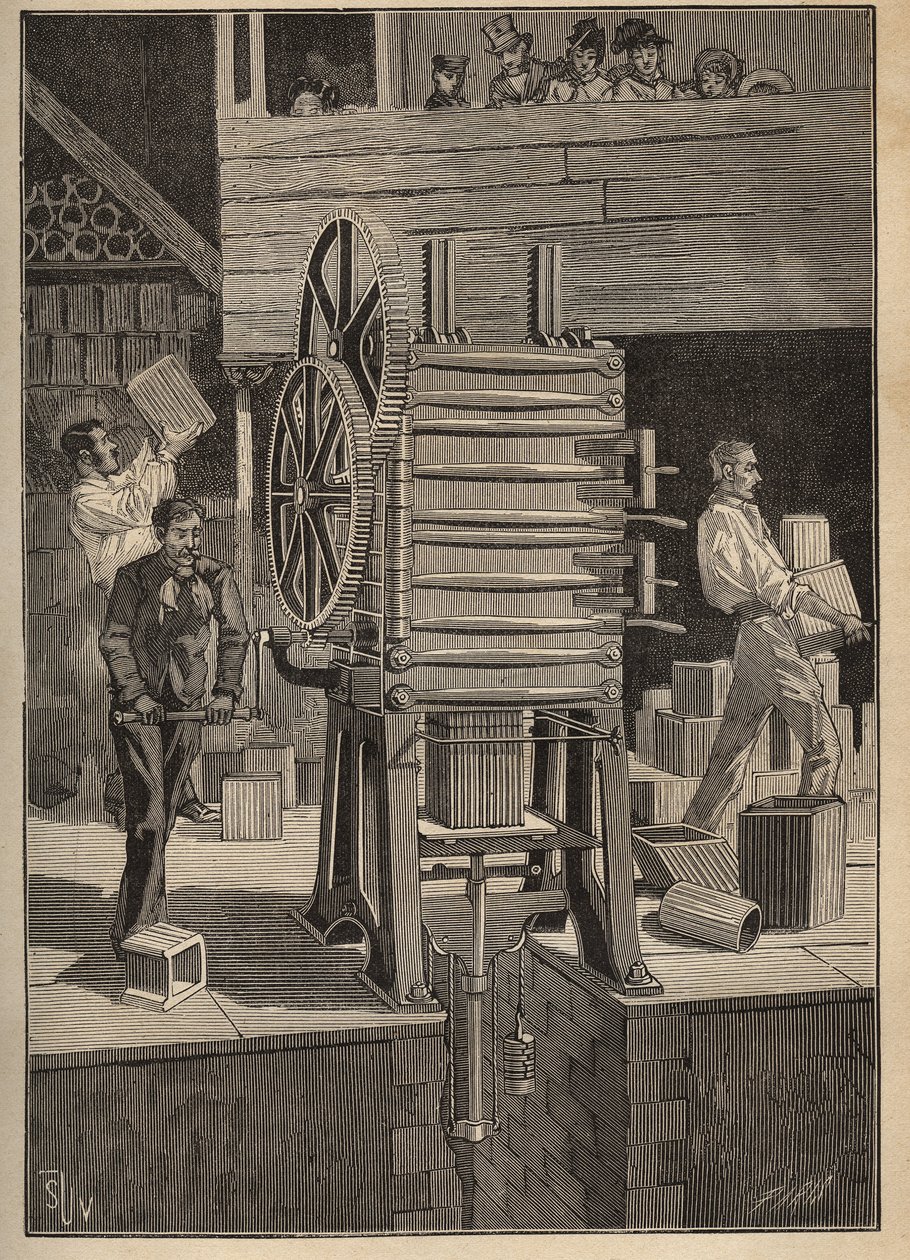 Keramik: mekanisk formning av ihåliga delar. Gravyr från 1885 i "" Les arts et metiers illustres"" av Adolphe BITARD. av Unknown artist