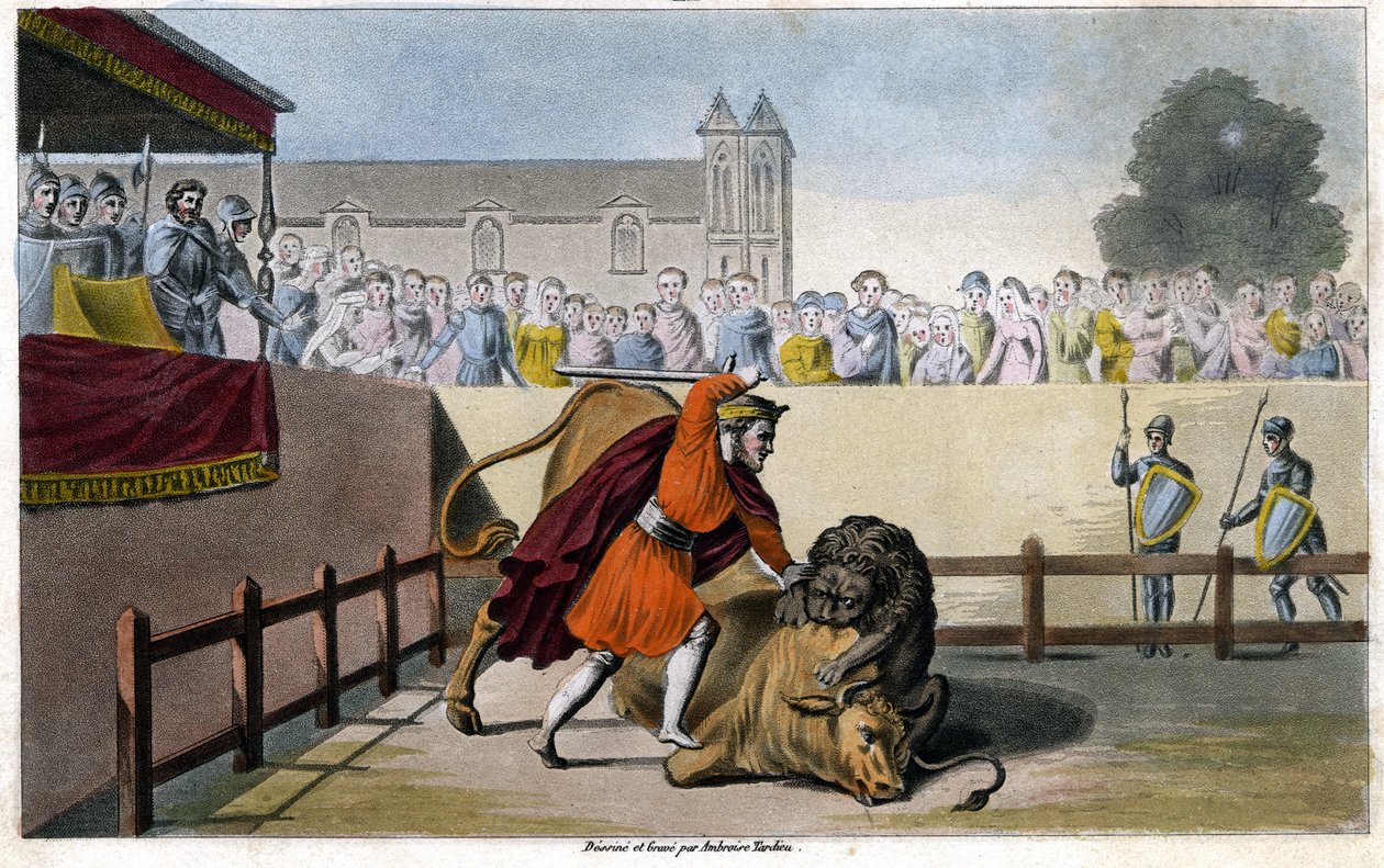 Pépin Le Brief slår ett lejon som slåss mot en tjur - gravyr av Unknown artist
