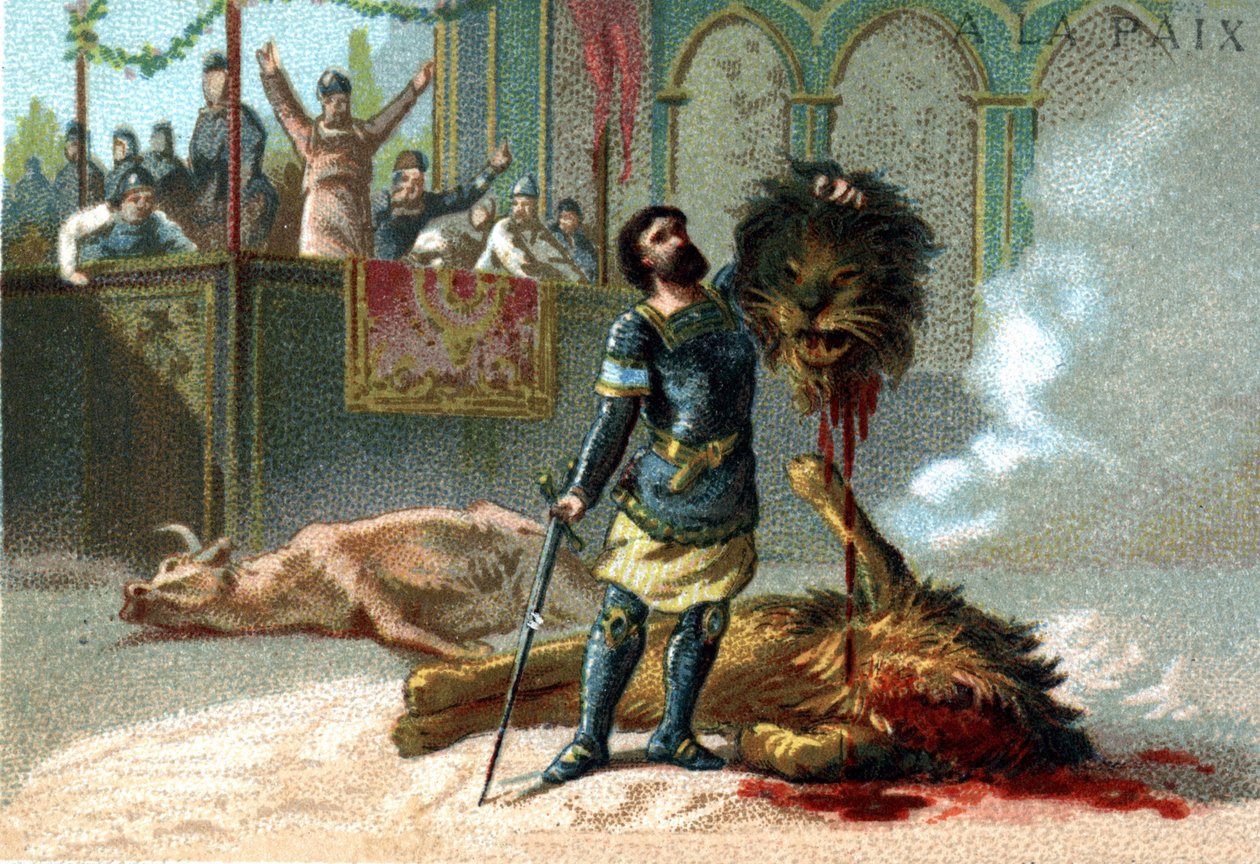 Pépin le Brief (715-768), frankernas kung, slåss mot ett lejon och en tjur under de fester som ges för att fira hans kröning 751. av Unknown artist