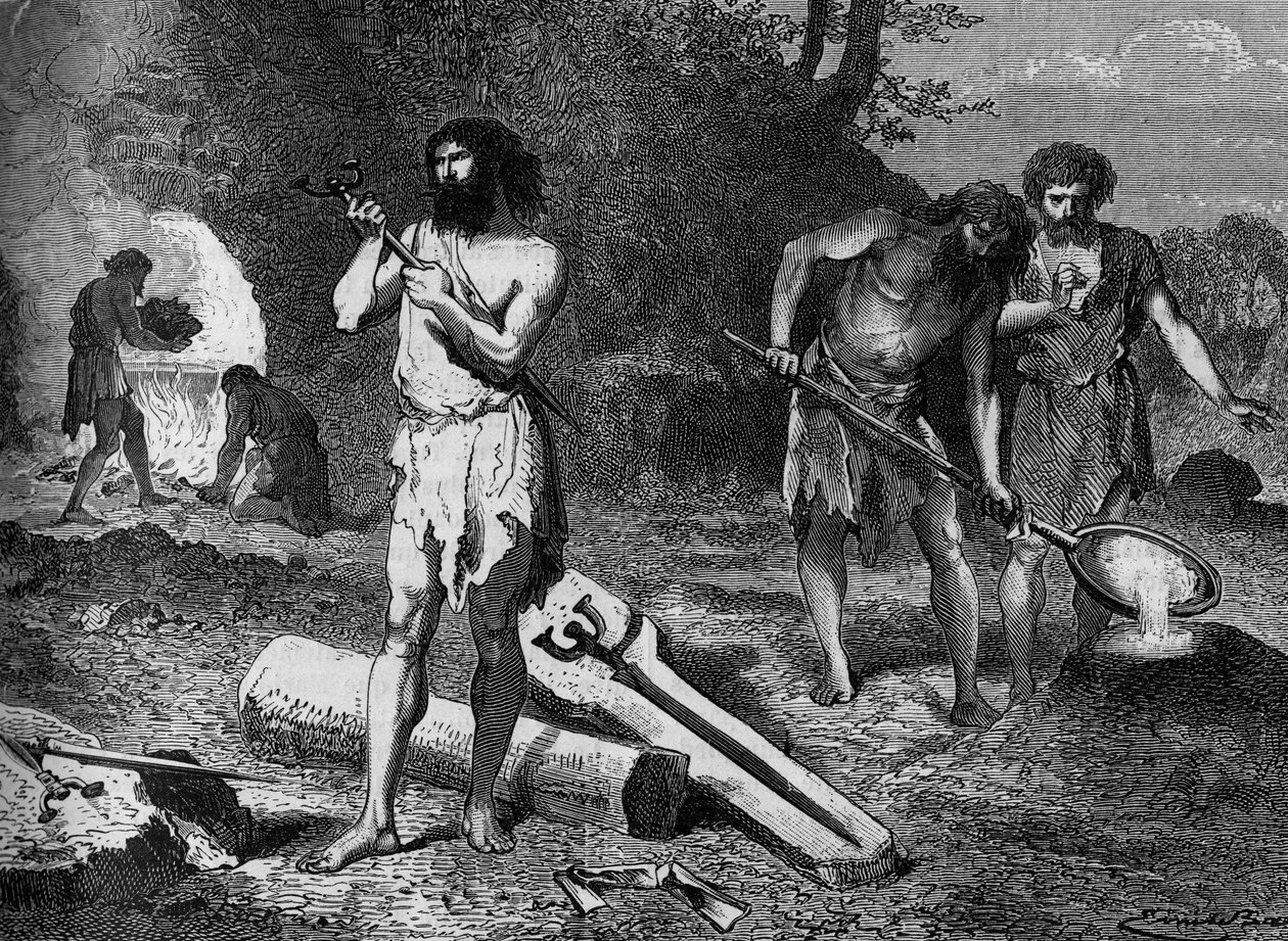 Prehistoire - bronsålderns första metallurger: tillverkning av brons. Gravyr i "" Le Journal de la jeunesse"" av Unknown artist