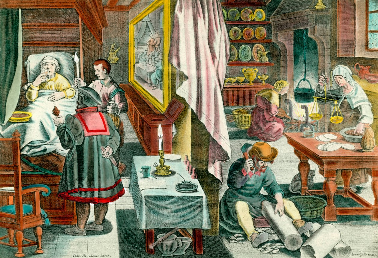 Beredning och administrering av guanobaserade läkemedel mot venerian syfilissjukdom”” Gravyr från 1600-talet. Paris. Akademin för medicin av Unknown artist