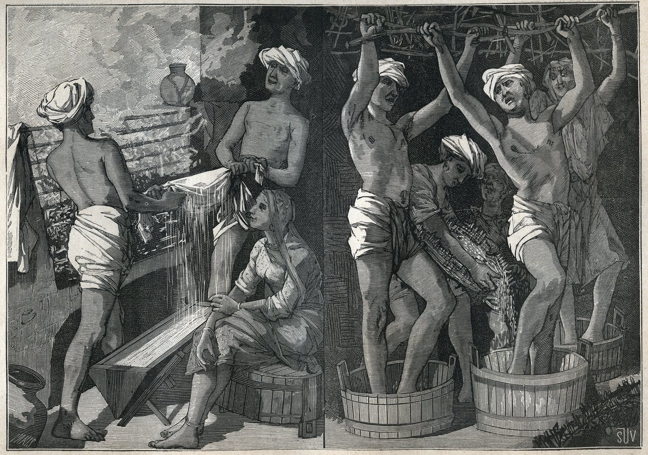 Beredning av lack i Indien. Gravyr från 1885 i "" Les arts et metiers illustres"" av Adolphe BITARD. av Unknown artist