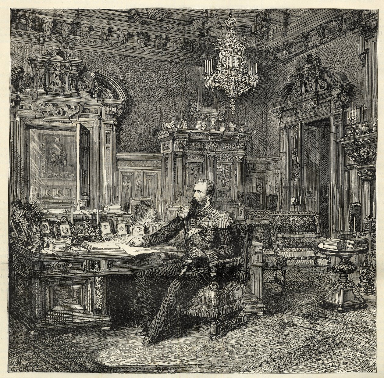 Prins Alexander av Bulgarien (1857-1893), i sitt arbetsrum - Alexander av Battenberg - Porträtt av Alexander I av Bulgarien eller Alexander av Battenberg (1857-1893) i sitt arbetskabinett - 1886 - av Unknown artist