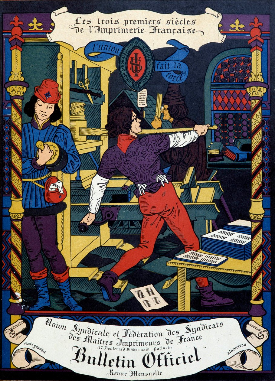 Tryckning: försättsblad till den officiella bulletinen från Union syndicale des maitres printers de France. 1800-talet. Paris, B.N. av Unknown artist