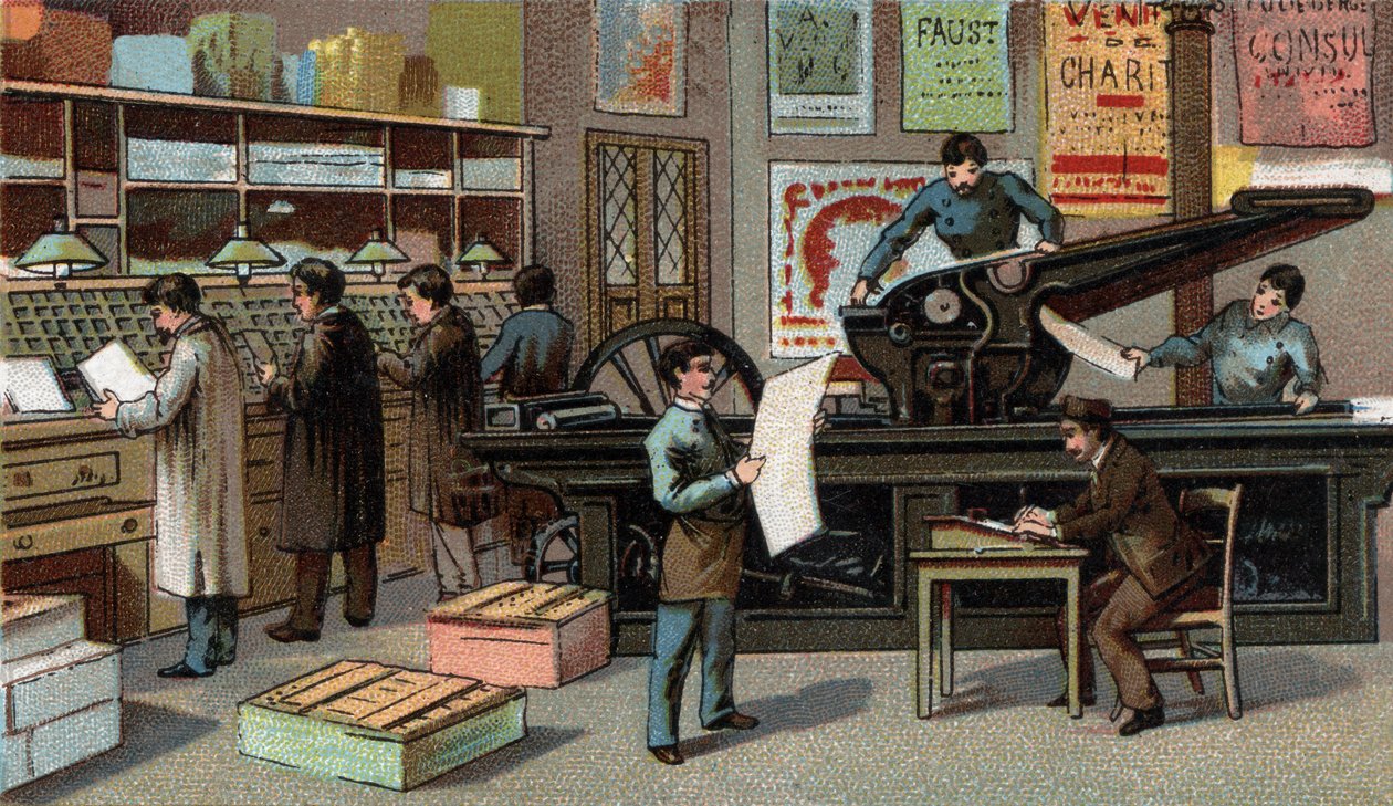 Tryckning i Frankrike på 1800-talet. Kromolitografi från slutet av 1800-talet av Unknown artist