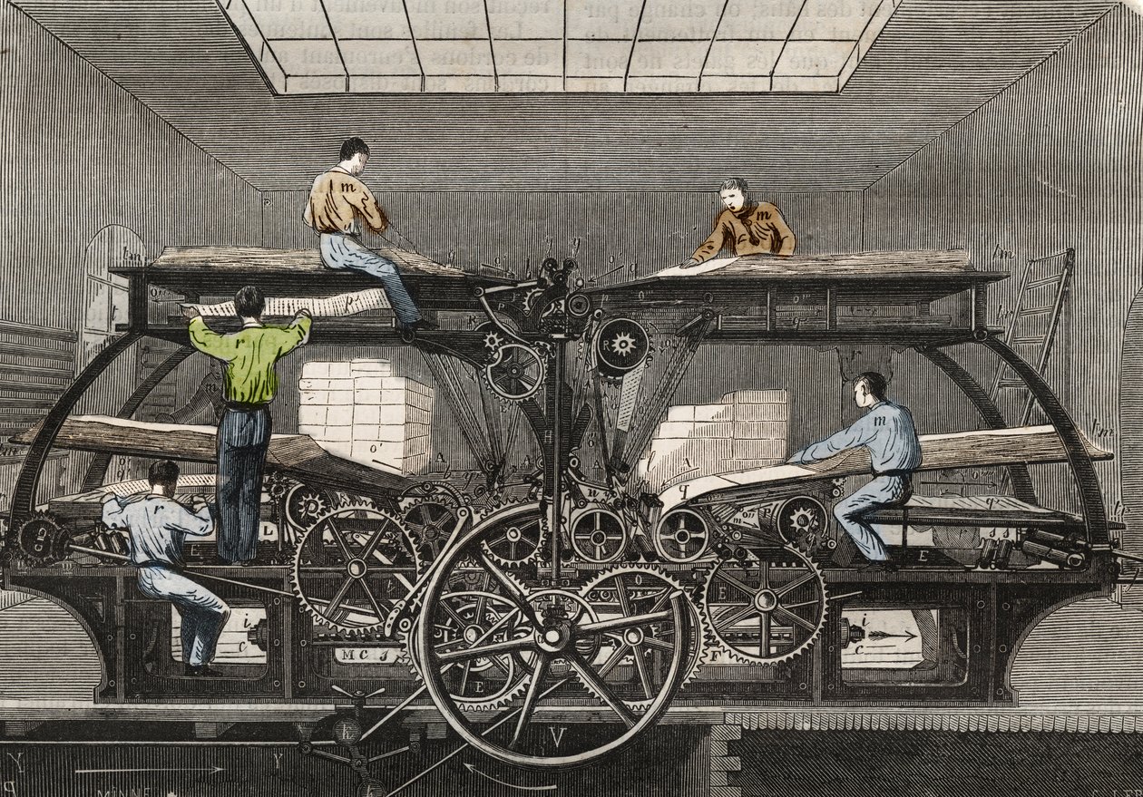 Tryckpress: tryckpress av tidningen "" Le Siecle"" i Paris. Gravyr från 1857 i "" Le Musee Des Sciences"" av Unknown artist