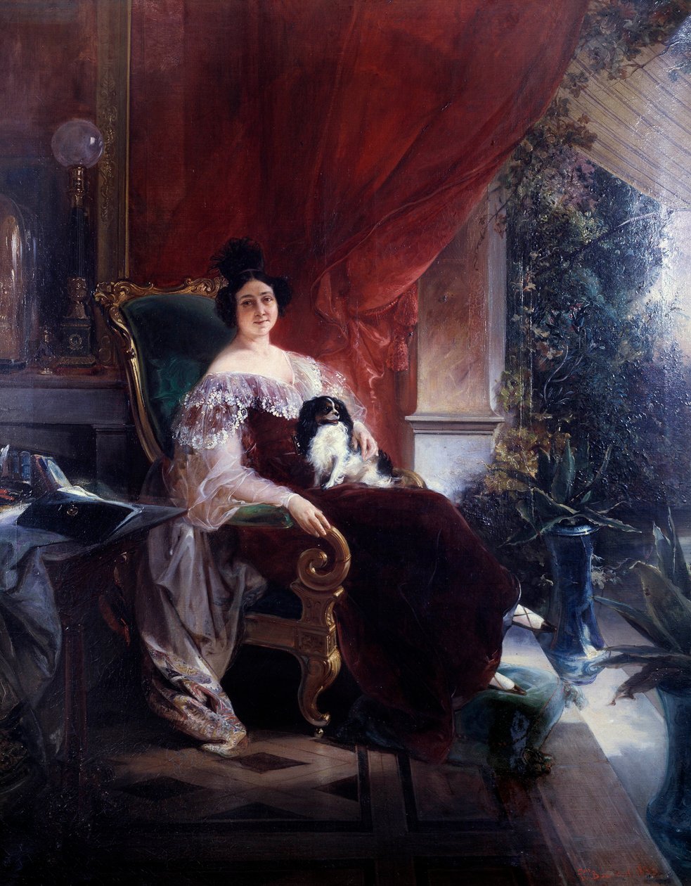 Sekretess, damen med hunden. En hund som sitter på en kvinna på en veranda. Målning av Francois Bourbot (1800-talet) av Unknown artist