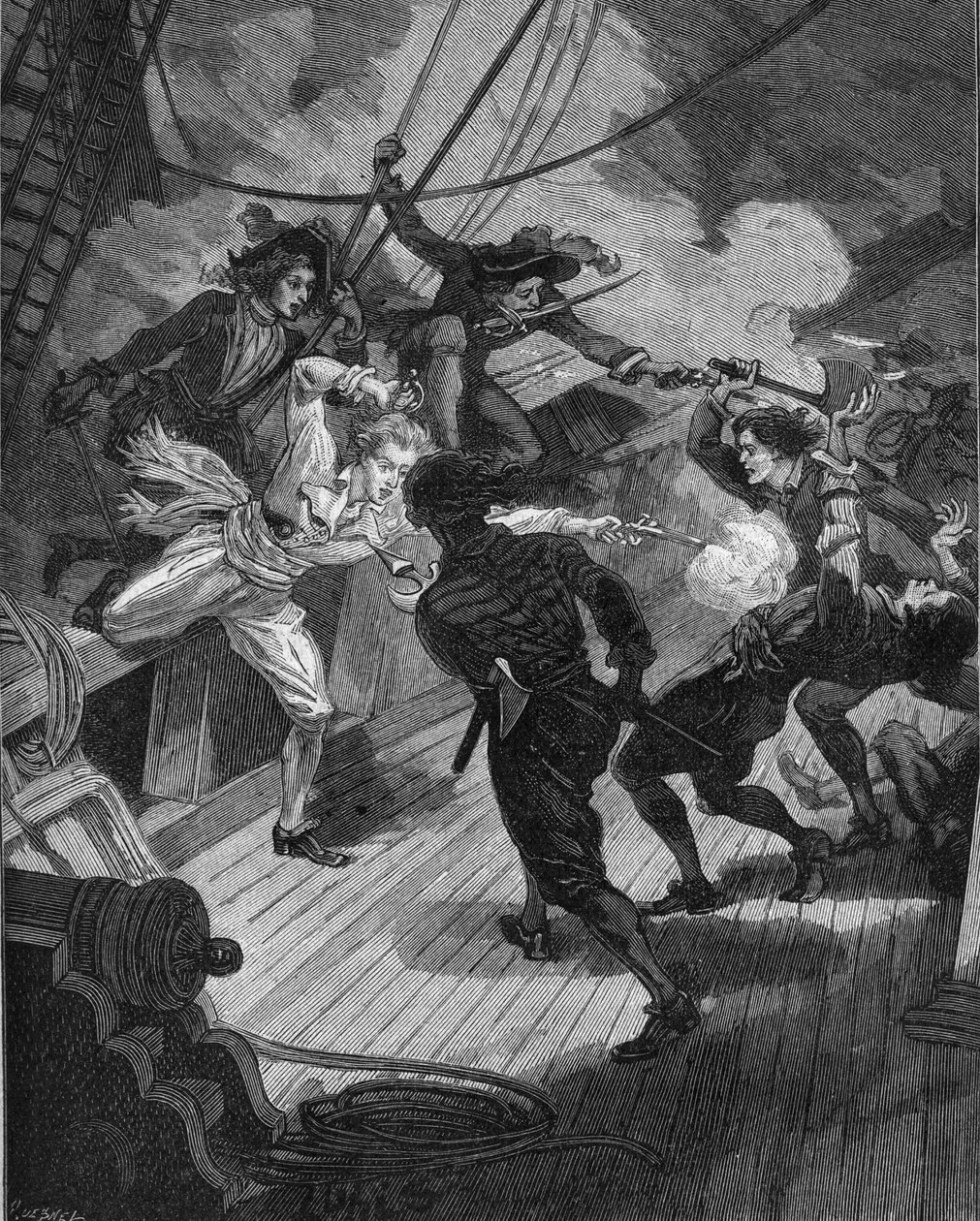 Kaparen Jean Bart (1650-1702) närmar sig ett skepp. Gravyr av 1800-talet. I "Histoire de France" av Jules Michelet av Unknown artist