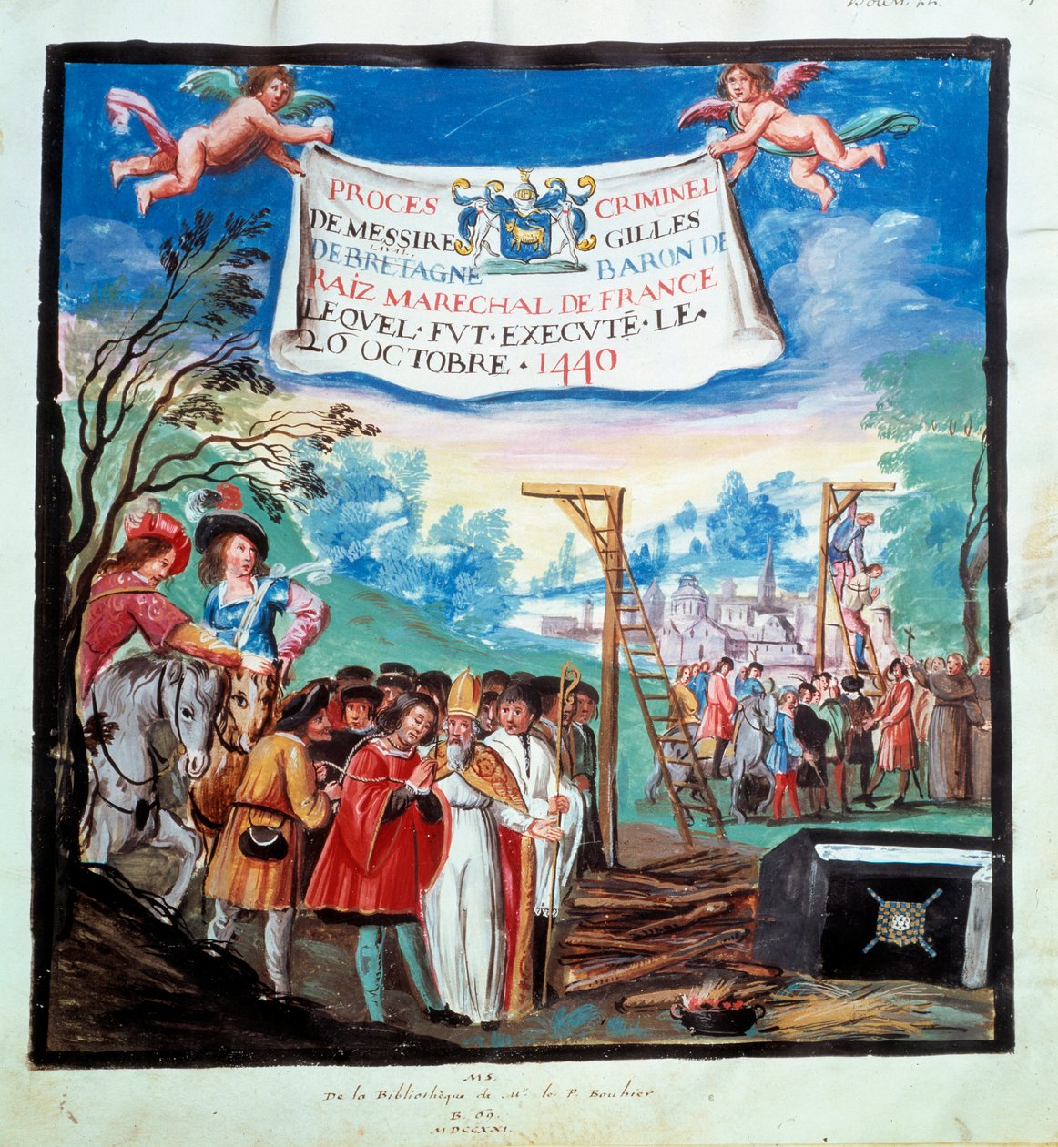 Gilles de Rais (Retz ou Rays) processer (1404-1440): "" Avrättningen, gibet och slaktaren""" Han avrättas för mord och kätteri. 1400-tals miniatyr. Paris, B.N. av Unknown artist