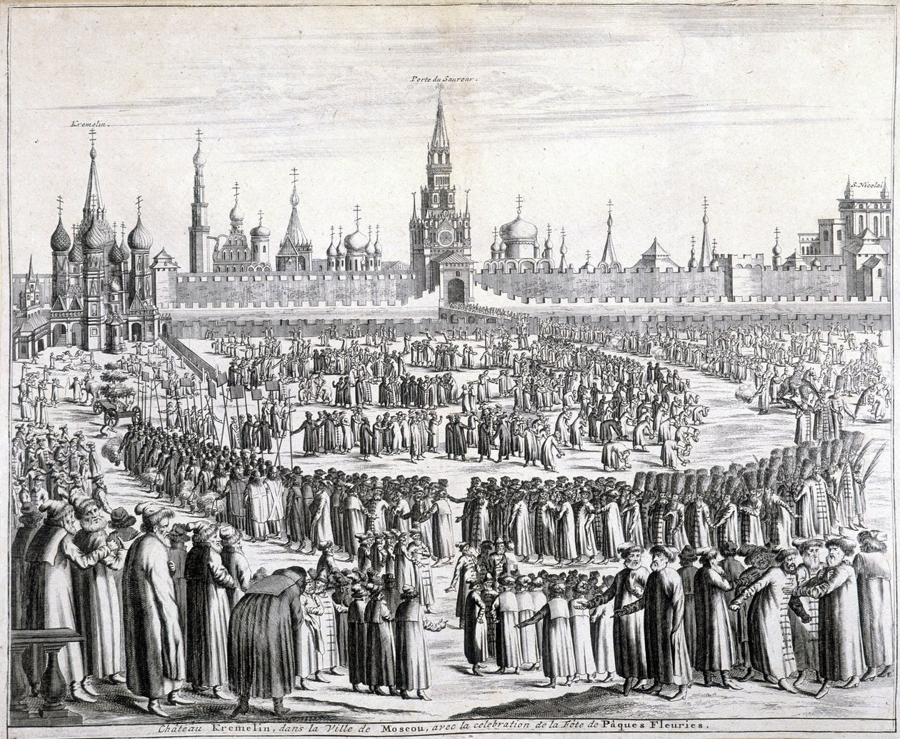 Procession av påskblommor framför den Helige Frälsaresporten och Kreml i Moskva. Gravyr av 1800-talet. av Unknown artist