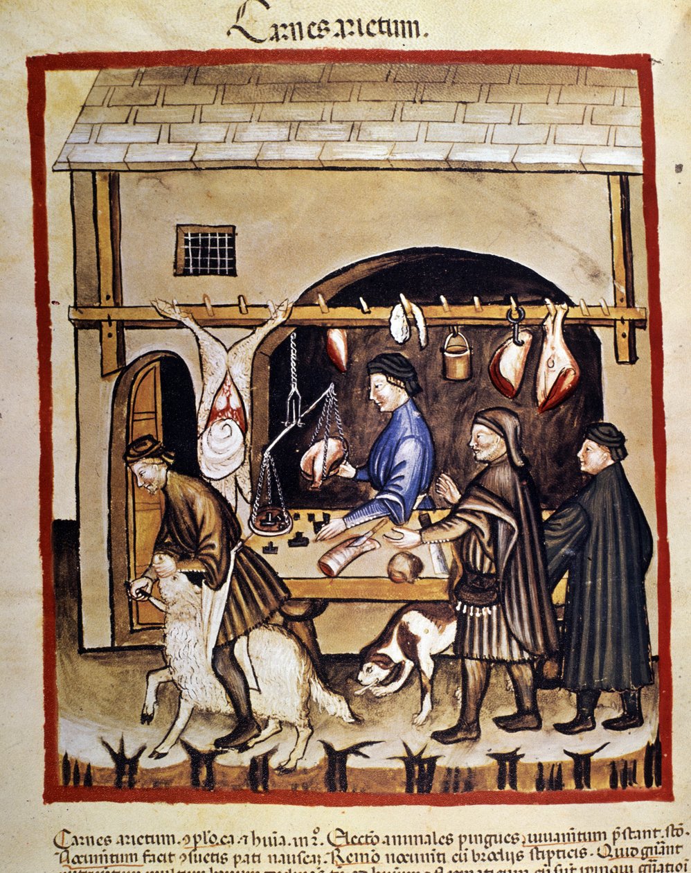 Tillverkning och försäljning (slaktare) av fårkött. Ett får slaktas. Belysning från mjölkning av medicin och diet "" Tacuinum sanitatis"" av Unknown artist