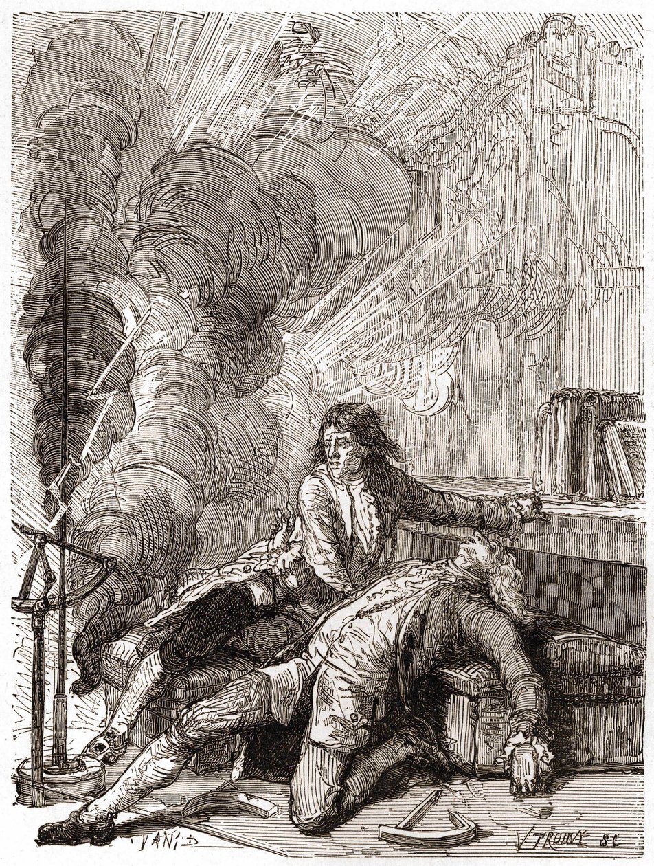 Professor Georges Guillaume Richmann (1711-1753) dog i sin verkstad efter ett experiment med en elektrometer av Unknown artist
