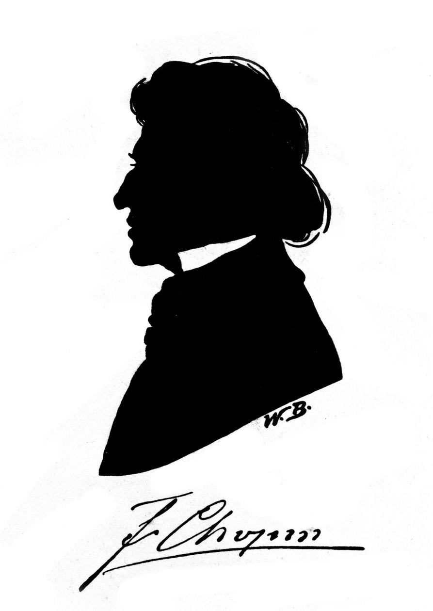 Profilsiluett av den polske kompositören Frederic Chopin (1810-1849) med autograf. 1800-talet av Unknown artist