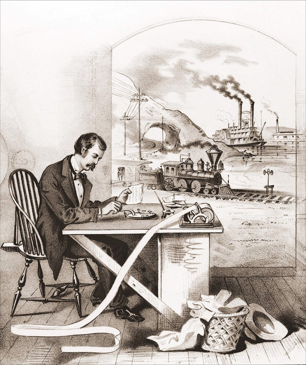 Århundradets framsteg (1800-talet): Morse-telegrafi, Dawn Boat, Train, etc. Gravyr från 1800-talet. av Unknown artist