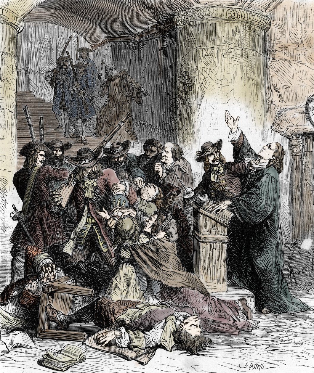 Förbud mot predikningar och arrestering av protestanter efter upphävandet av Edit de Nantes (dragonnader under Ludvig XIV (1681-1686): Katolska soldater (drakar) massakrerar protestanterna. 1800-talet (gravyr) av Unknown artist