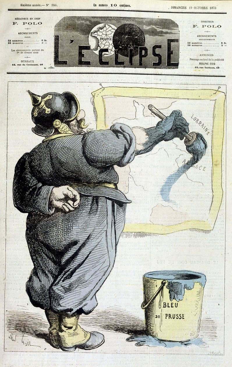 Preussisk soldat som spårar gränserna för Alsace-Lorraine till Preussens blå (hänvisning till annekteringen av regionen genom kriget 1870) - i "" L