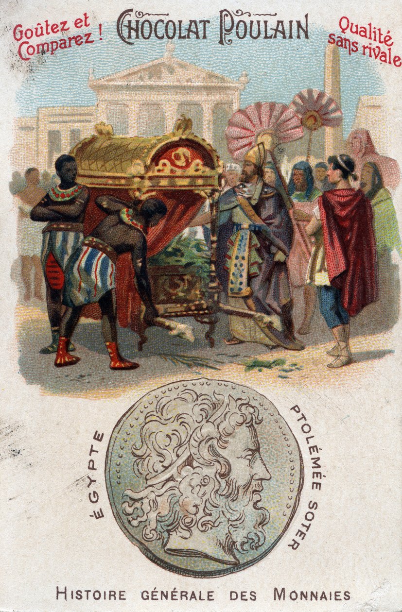 Ptolemäus I (360-283 f.Kr.) Soter (frälsare) lät begrava Alexander den store. I Myntens allmänna historia. Choklad-fölkromolitografi från slutet av 1800-talet. Privat samling. av Unknown artist