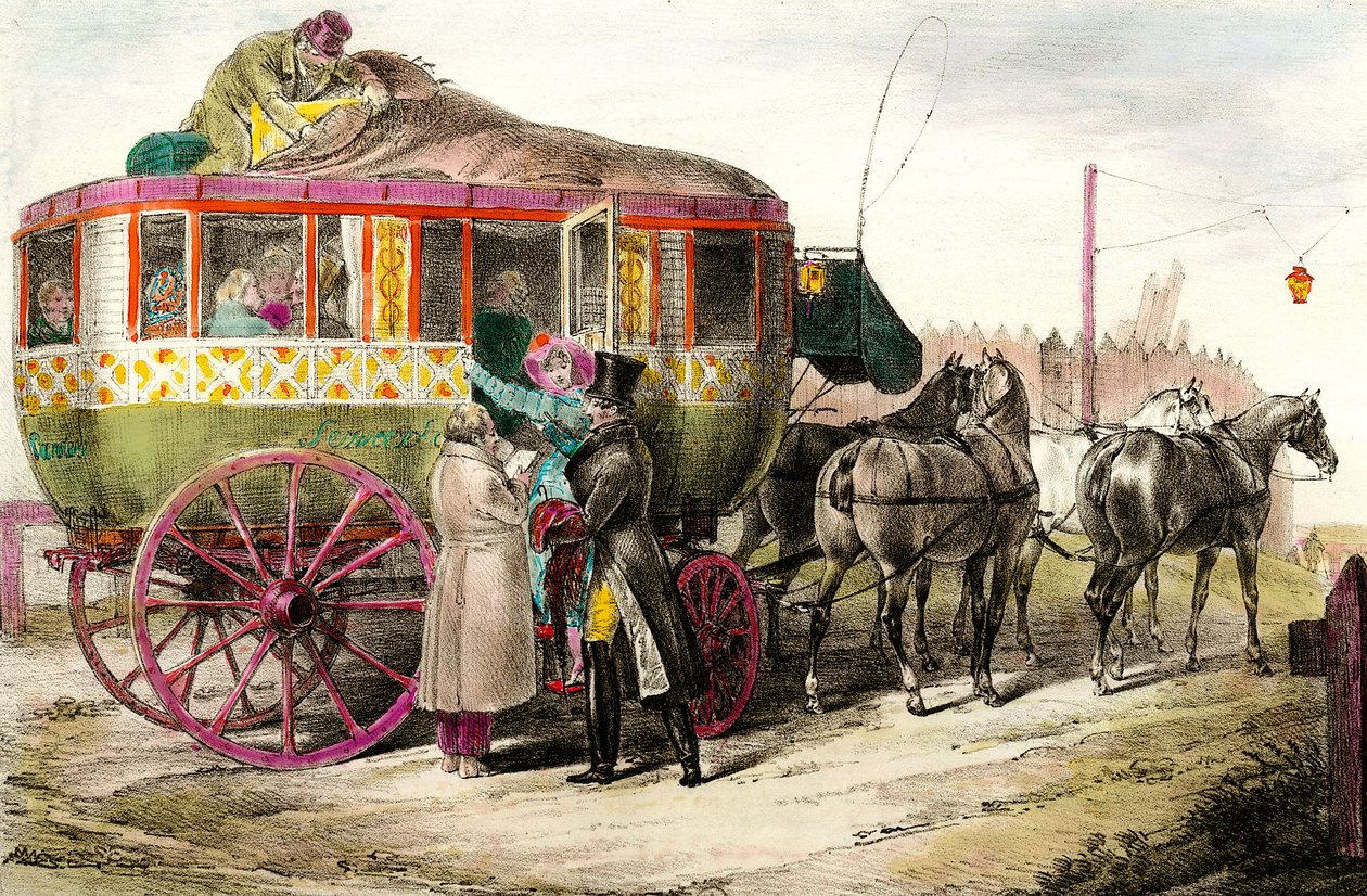 Kollektivtrafik: passagerare som kommer in i Parisienne Diligence. Gravyr av 1800-talets privatsamling av Unknown artist