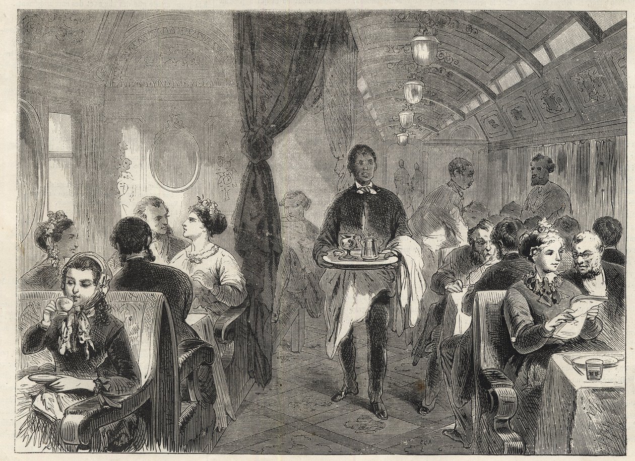 Pullman matvagn från Pacific Railways 1869 - inne i ett vagnhotell på Pacific Railway - av Unknown artist