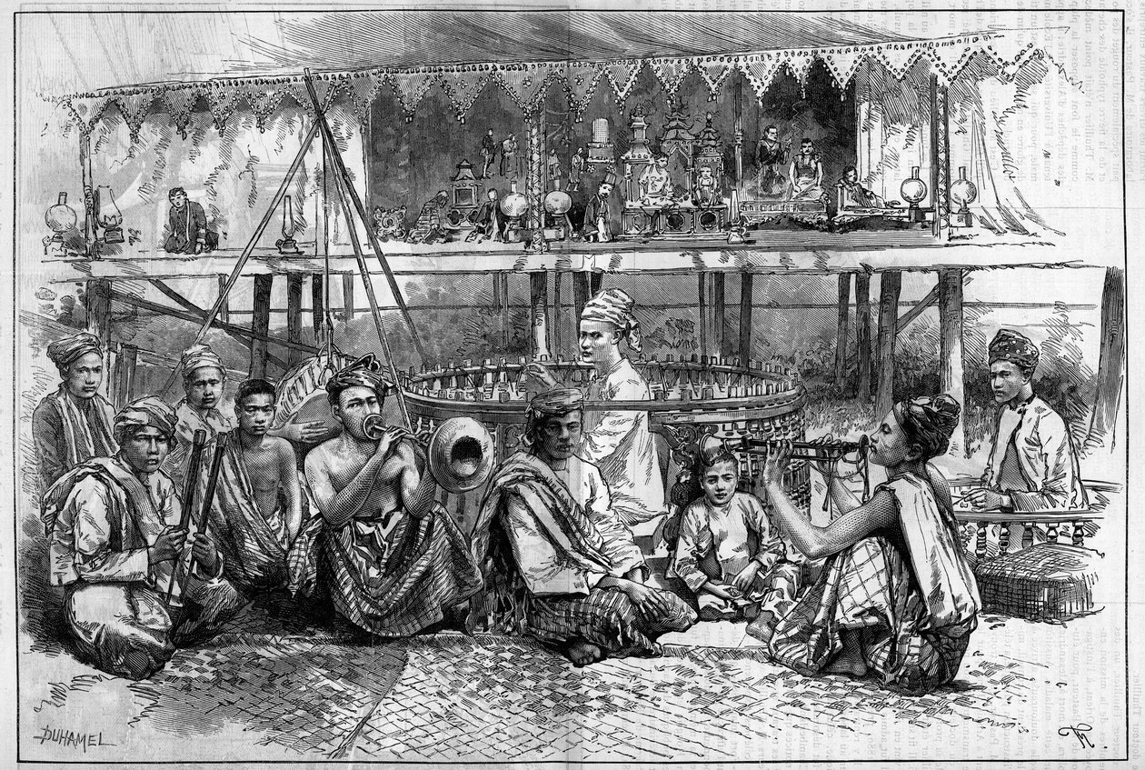Dockteater med musiker i Burma gravyr i "The Illustrous World"" av Unknown artist