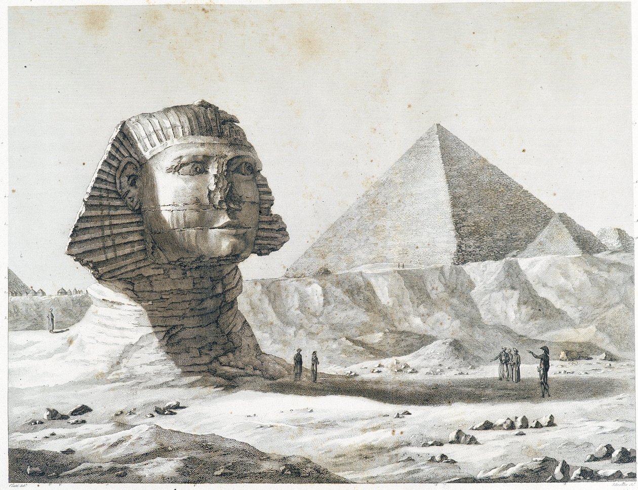 Pyramiderna i Giza: utsikt över Sfinxen och den stora pyramiden, tagen från sydost - i "" Beskrivning av Egypten"", Imperial Editions av Unknown artist
