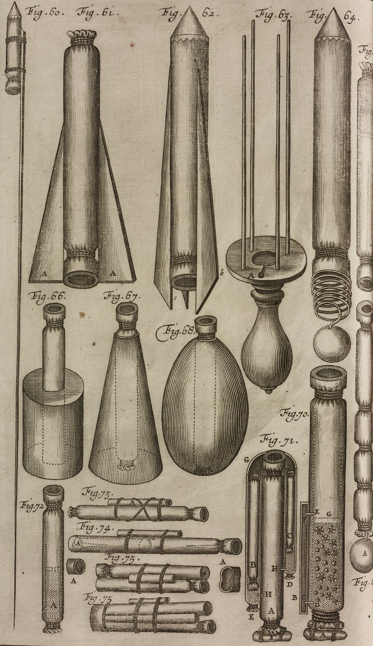 Pyrotekniska raketer och instrument, gravyr från Grand Art d