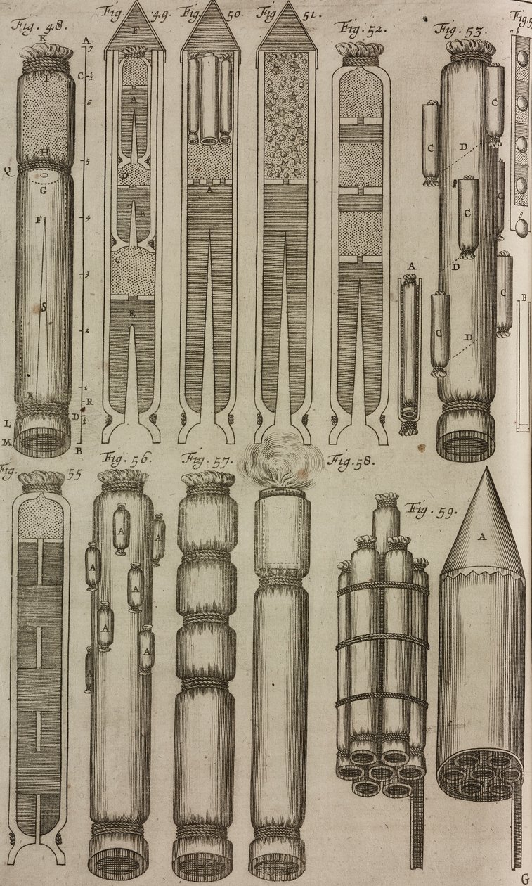 Pyrotekniska raketer och instrument, gravyr från Grand Art d