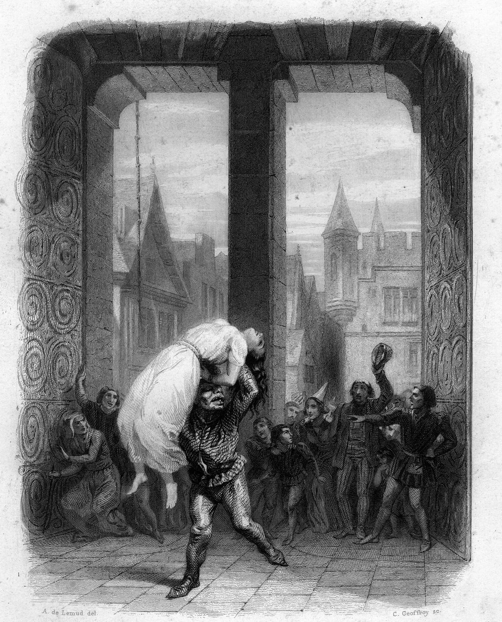 Quasimodo räddar Esmeralda. Illustration av 1844 Notre Dame de Paris av Victor Hugo. av Unknown artist