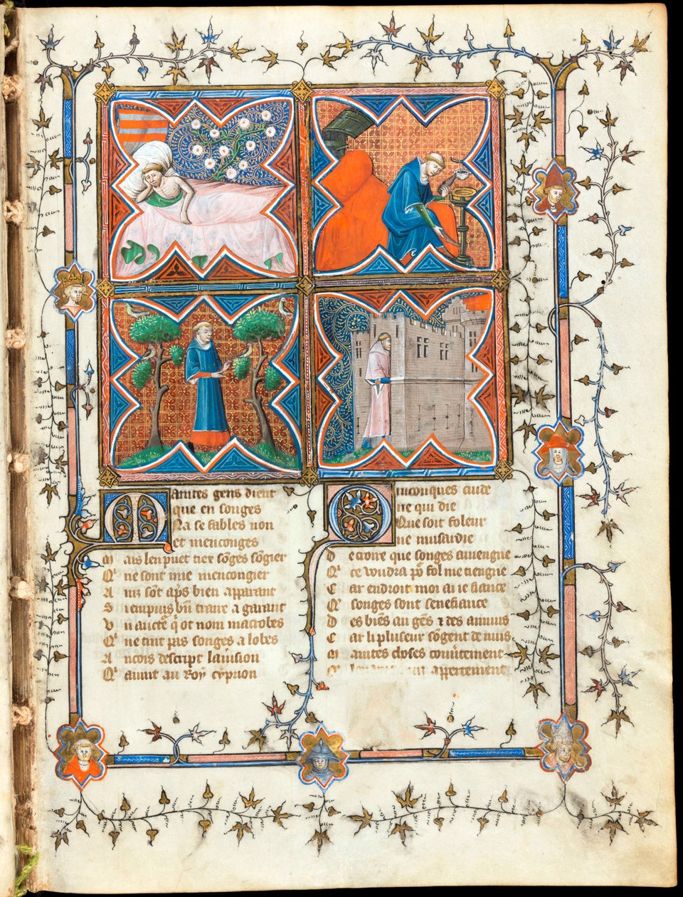 ""Fyra män upptagna med olika aktiviteter"" upplyst sida från manuskriptet ""Le Roman de la Rose"" av Guillaume de Lorris (cirka 1200-1238) och Jean de Meun (Meung) (1240-1305) runt 1353 Schweiz, Genève bibliotek av Unknown artist