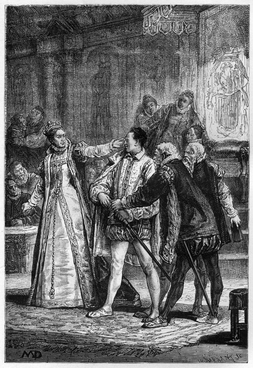 Drottning Elizabeth I av England slår den 2:e greven av Essex Robert Devereux av Unknown artist