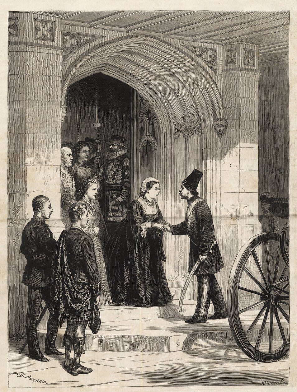 Drottning Victoria tar emot Shahen av Persien (Naser al-Din Shah Qajar - Nassereddin Shah Qajar) (Nasser al-Din eller Nassereddin Shah, Nassiruddin Shah eller Nasir al Din) (1831-1896) vid suveränens ingång, Windsor Castle - 1873 Gravyr från 