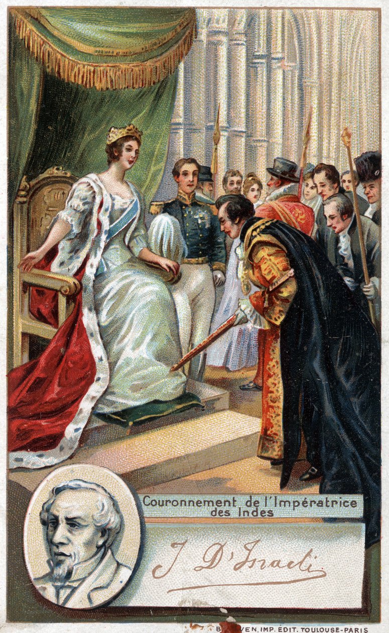 Drottning av England Victoria krönte Imperatrice av Indien 1877 med stöd av Benjamin Disraeli (1804-1881) brittisk författare och politiker. Kromolitografi av 1800-talet. av Unknown artist