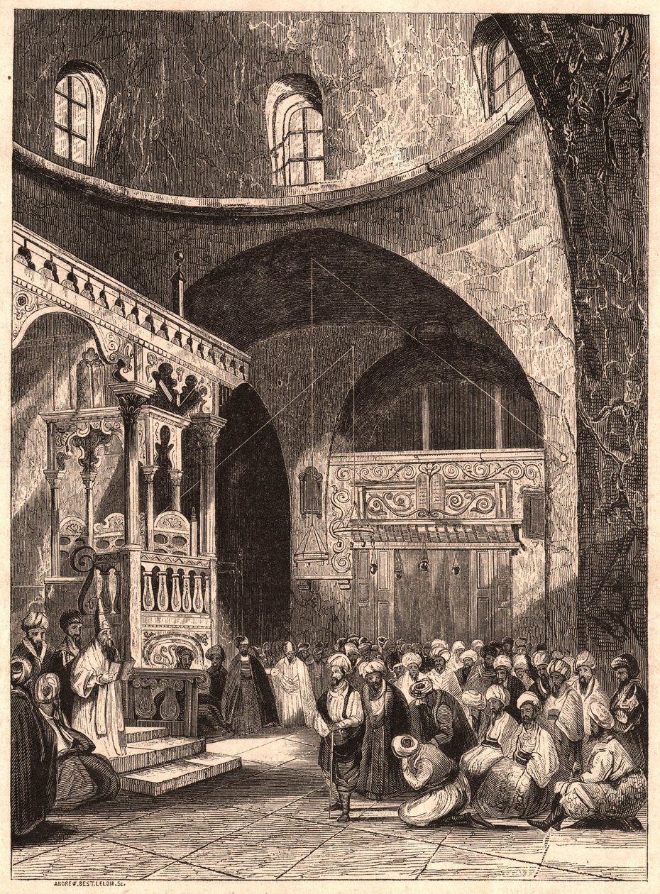 Rabbi och församling i en synagoga i Jerusalem av Unknown