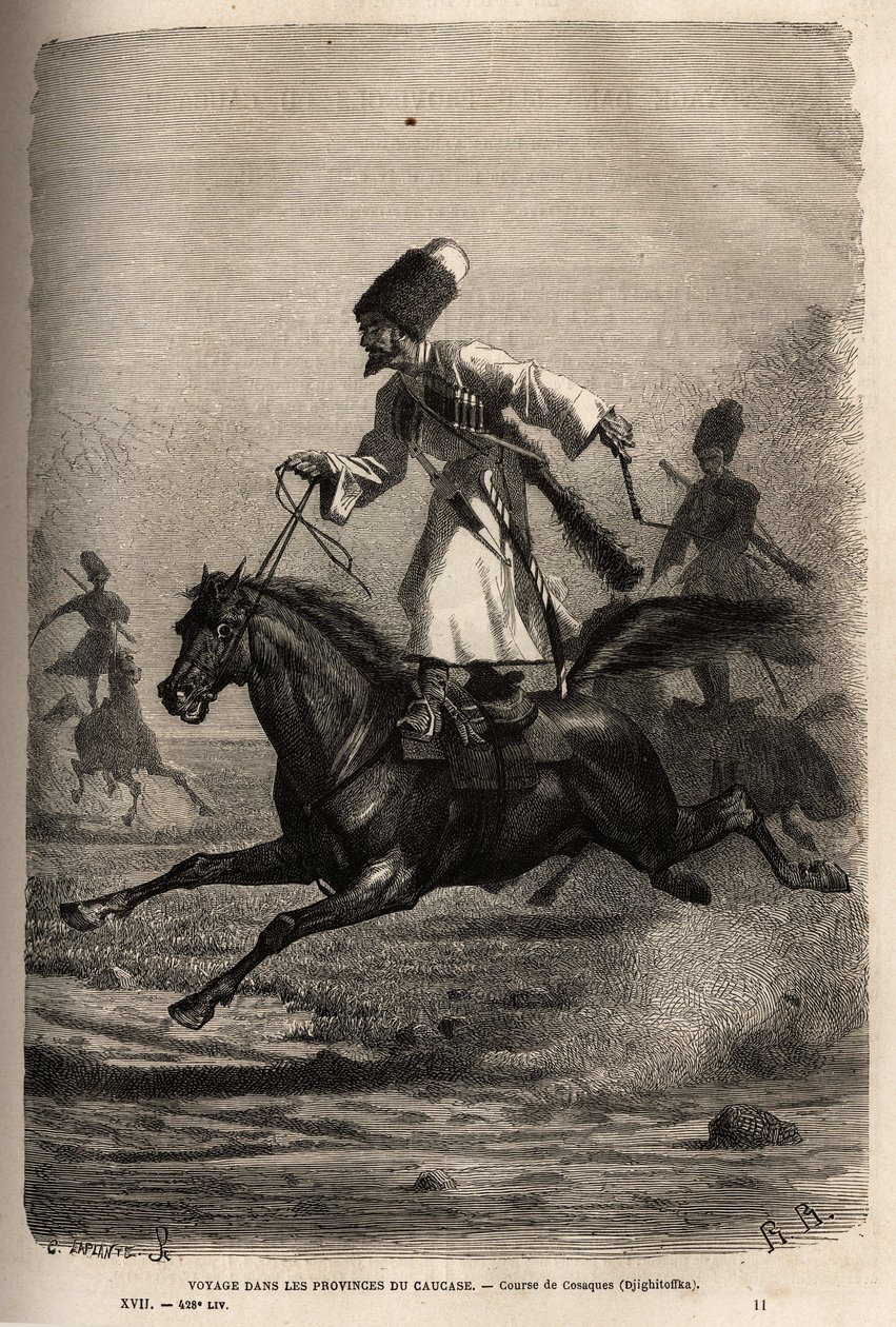 Race of Cossacks, klättrar i balans stående på sin sadel, ryttare piskar sina hästar för att få dem att galoppera. Gravyr för att illustrera resan i provinserna i Kaukasus, av Basile Vereschaguine, 1864-1865, publicerad i "" Le tour du monde, nouvea av Unknown artist