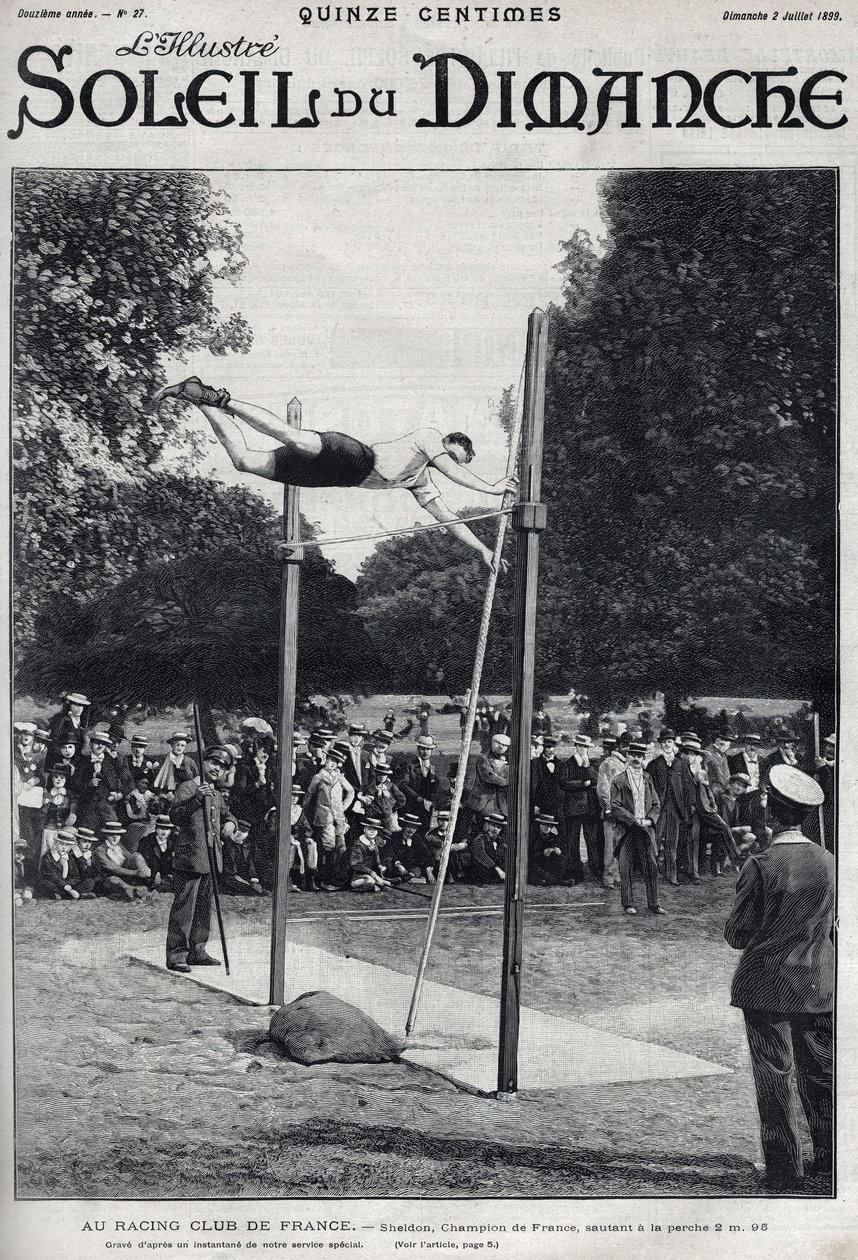 Racingklubb i Frankrike. Sheldon, Frankrikes mästare, hoppar 2, 95 m för att hoppa a la Perche. Gravyr i "" Le sun-du-dimanche"", 2 juli av Unknown artist