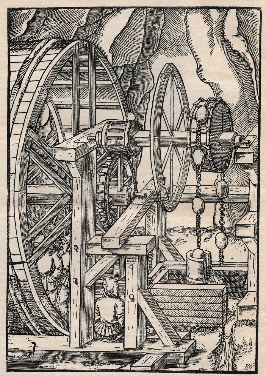 Tras-och-kedja pump för att tömma en mina som drivs av män på löpband. Från Agricola (George Bauer) De re metallica, Basel av Unknown artist