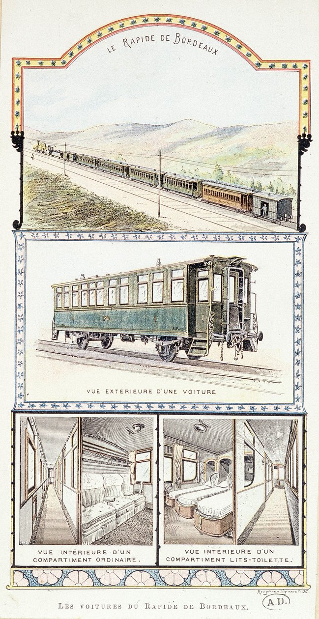Järnvägar i Orléans: exteriör och interiör utsikt över Bordeaux Rapid-bilar av Unknown artist