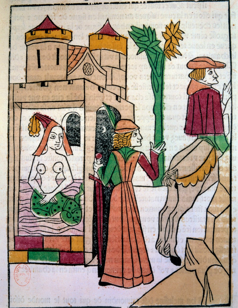 Raimondin spionerar på sin fru Melusine i badet. Handbelyst trästick i "Histoire de Melusine"" (folio 142) skriven av Jean d