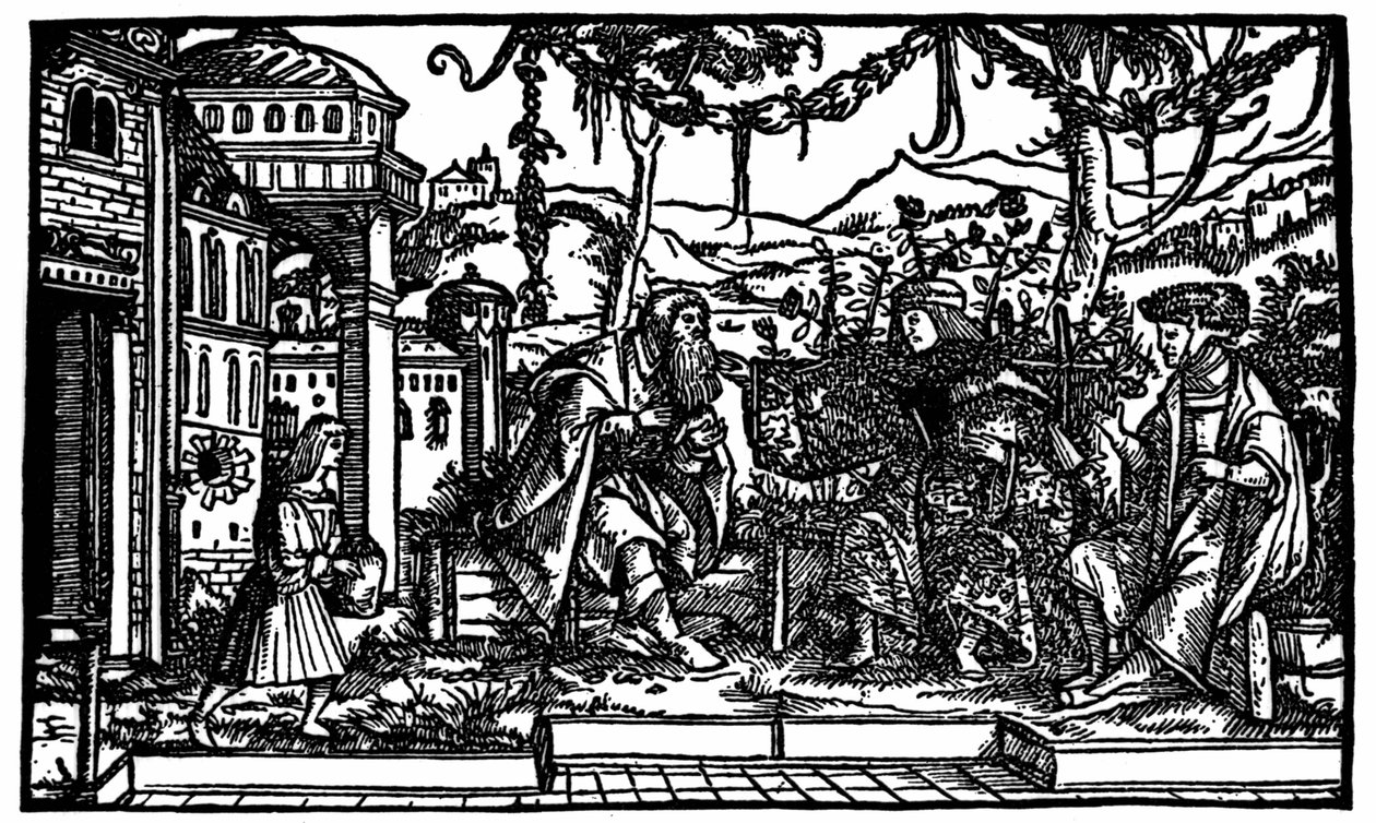 Raphaël Hythlodée, en resenär som tillbringade fem år i Utopia, berättar för Thomas More och Pierre Gilles om sin resa. Xylografi publicerad i upplagan av "Utopia" av Thomas More (1478 - 1535) från 1516. av Unknown artist
