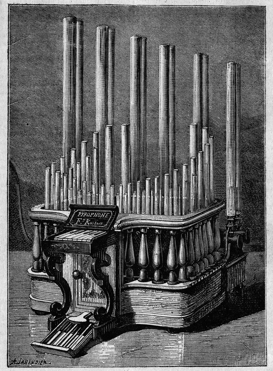 Sällsynta eller imaginära instrument: Pyrofonen eller "sjungande lågor", av Frederic Kastner (instrument som genererar lågor som drivs av gasstrålar). av Unknown artist