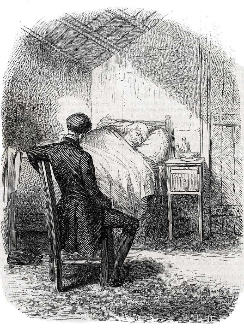 Rastignac förblev ensam nära den gamle mannen, sittande vid fotändan av sängen... Gravyr i mitten av 1800-talet. Illustration till "The Father Goriot" av Honore de Balzac (1799-1850). av Unknown artist