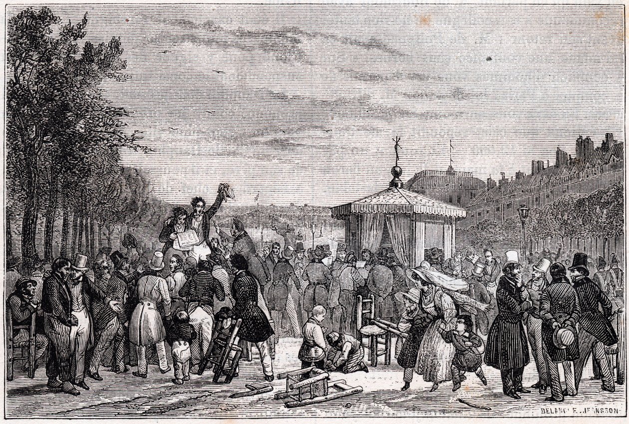 Läsning av domarna publicerade i tidningen Moniteur i trädgårdarna på det kungliga slottet i Paris 26 juli 1830 under inbördeskrig - revolution 1830 - av Unknown