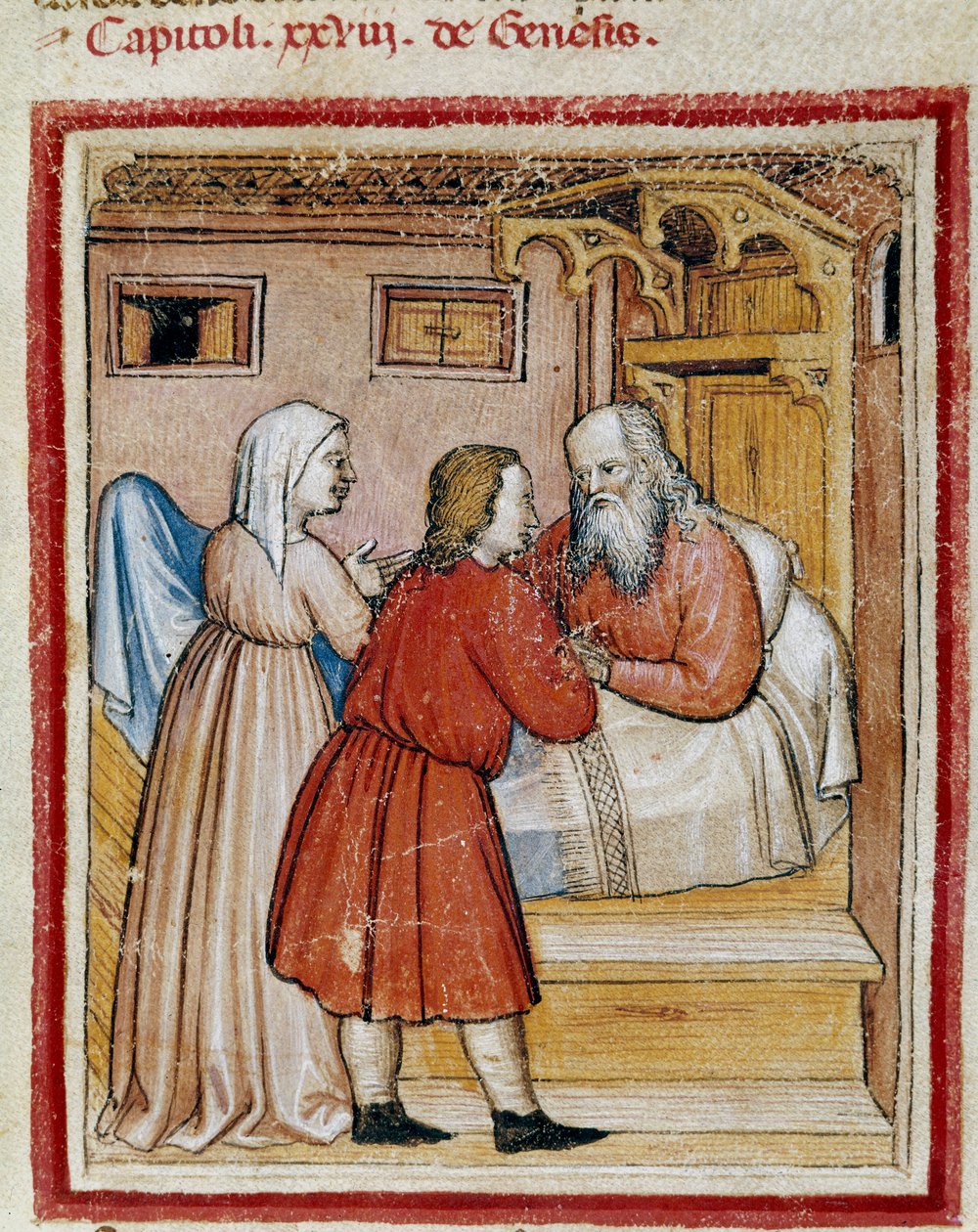 Rebecca tar med sin son Jakob, som hennes bror Esau hotar att döda, inför sin man Isaac för att ta bort hans miniatyrvälsignelse från Codex 212 (eller Padovano eller Bible of Padua) 1390-1400 Rovigo, Accademia dei Concordi av Unknown artist